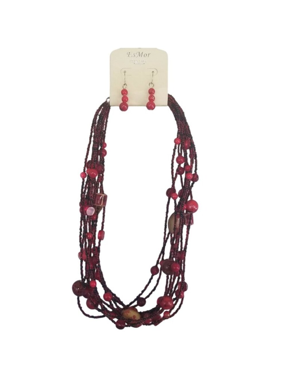 EsMor Red Multi Strand Seed Beaded Necklace Dangle Earring Boho Statement Set